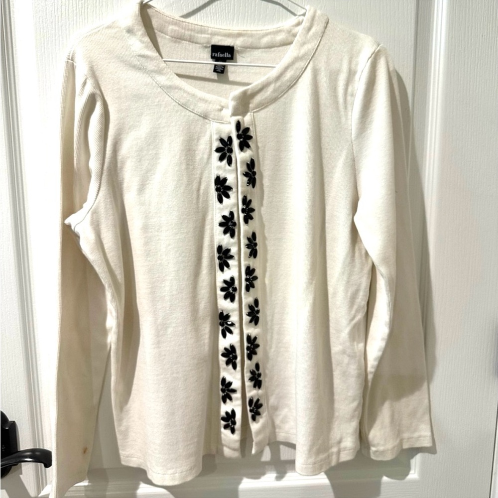 Rafaella White Cardigan Sweater with Black Gems Sz L